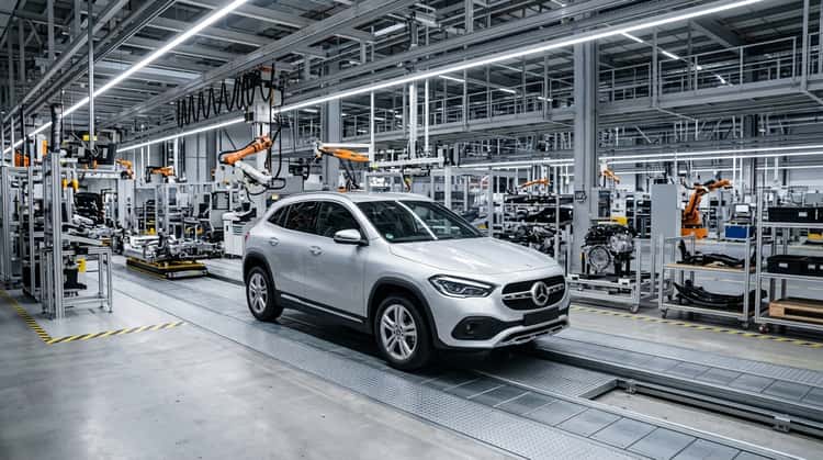 Ein Mercedes-Benz GLA steht auf einer modernen Produktionslinie im Werk Rastatt. Das kompakte SUV ist von links vorne zu sehen, im Hintergrund Fertigungsausrüstung und Werkhalle.