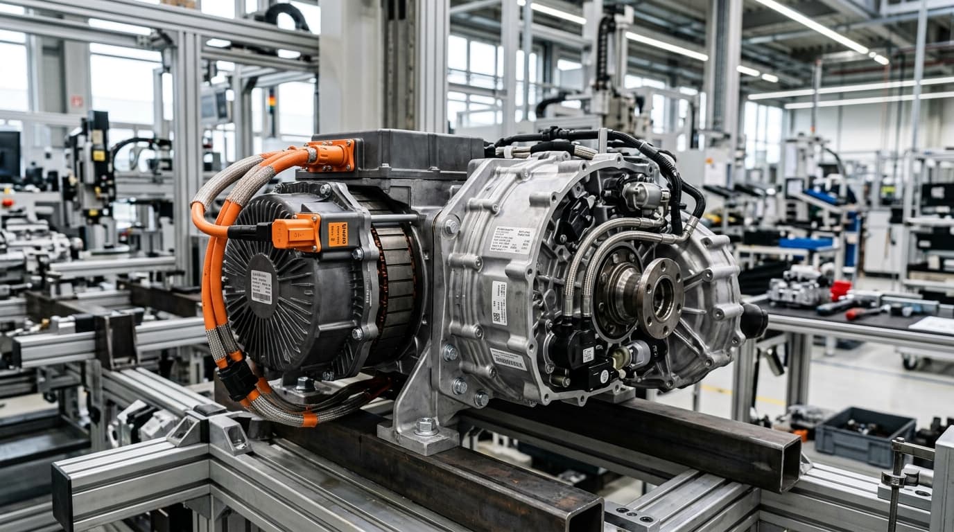 Detailaufnahme eines modernen 48-Volt-Elektromotors und Achtgang-Doppelkupplungsgetriebes, wie es im neuen Mercedes GLA eingebaut wird.