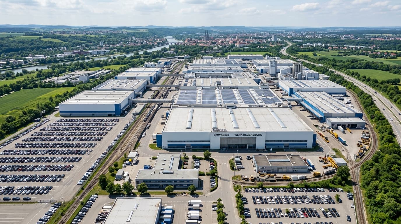 Luftaufnahme des BMW-Werks Regensburg mit modernen Produktionshallen