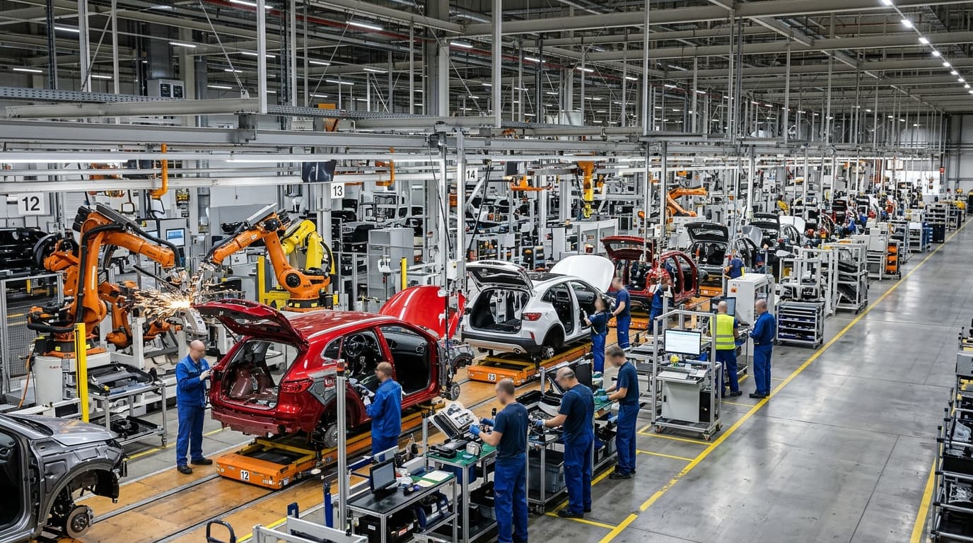 Blick auf eine moderne Automontageanlage mit mehreren Fahrzeugen auf der Linie und Roboterarmen