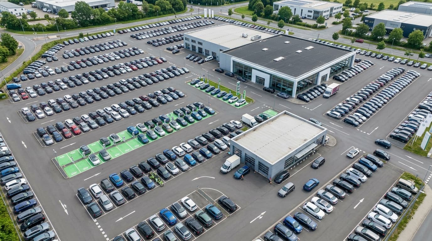 Übersichtaufnahme eines Autohauses mit neuen Fahrzeugen verschiedener Antriebsarten, darunter Elektroautos und Verbrenner.