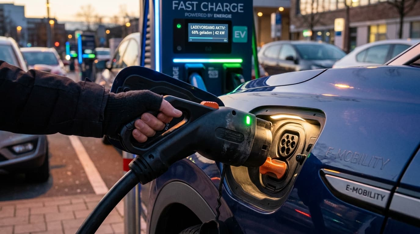 Nahaufnahme eines Elektroauto-Ladesteckers beim Ladevorgang.