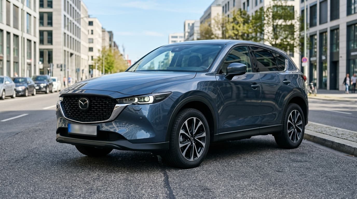 Ein Mazda CX-5 steht auf grauem Asphalt in direktem Tageslicht