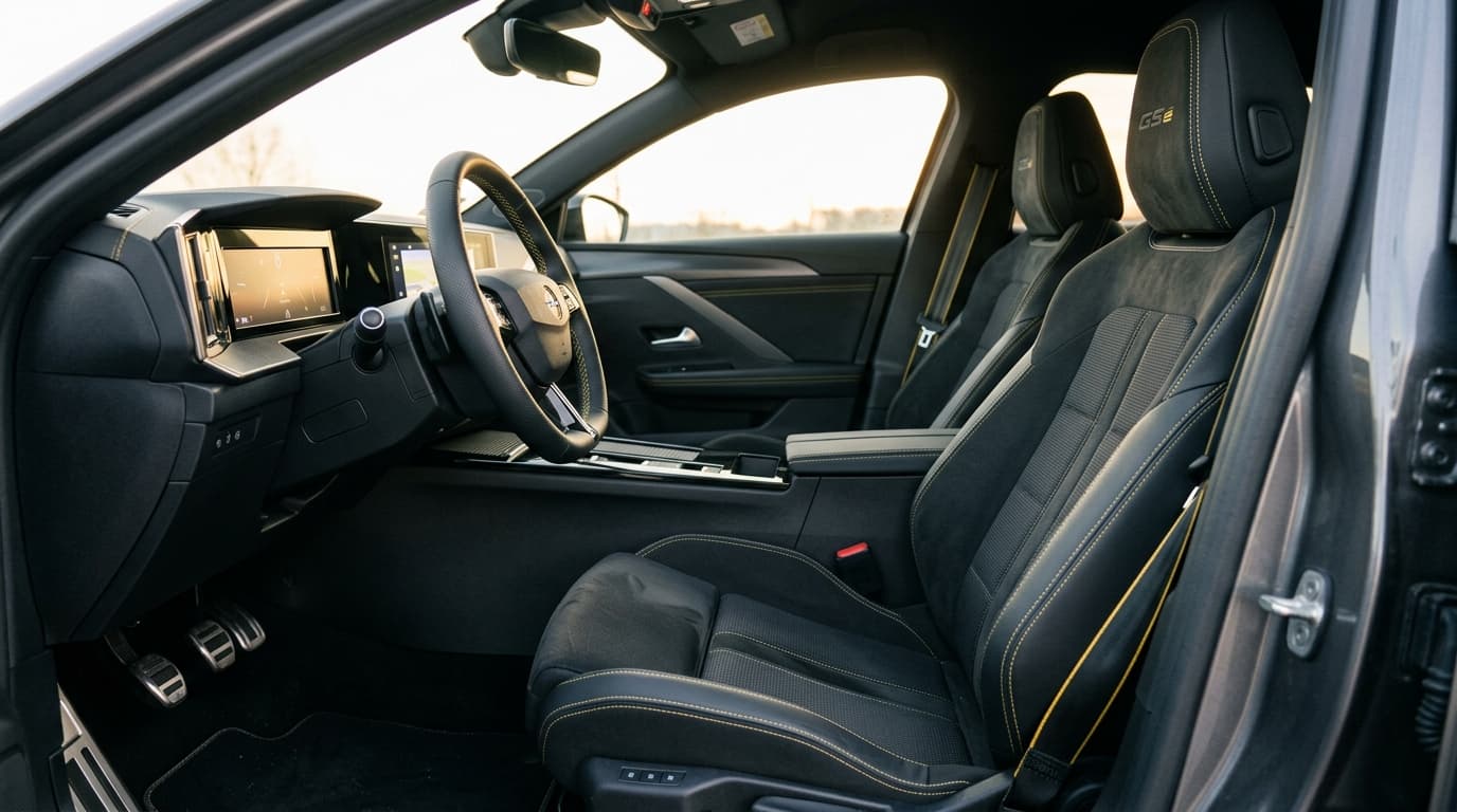 Innenraum des Opel Astra GSE Line mit Sportsitzen, Aluminium-Pedalerie und gelben Ziernähten