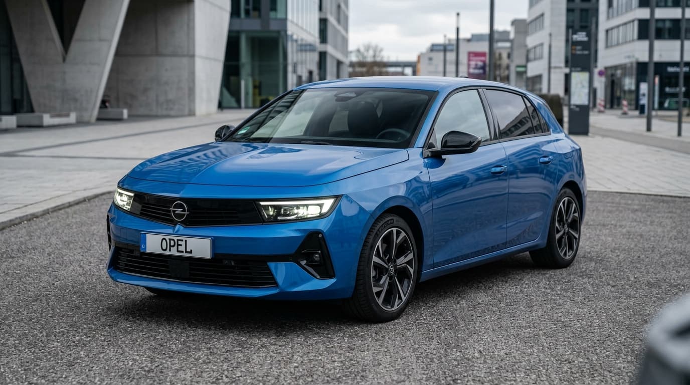 Opel Astra in Metallic-Lackierung Denim Blau von vorne-seitlich, moderne Kompaktklasse-Limousine