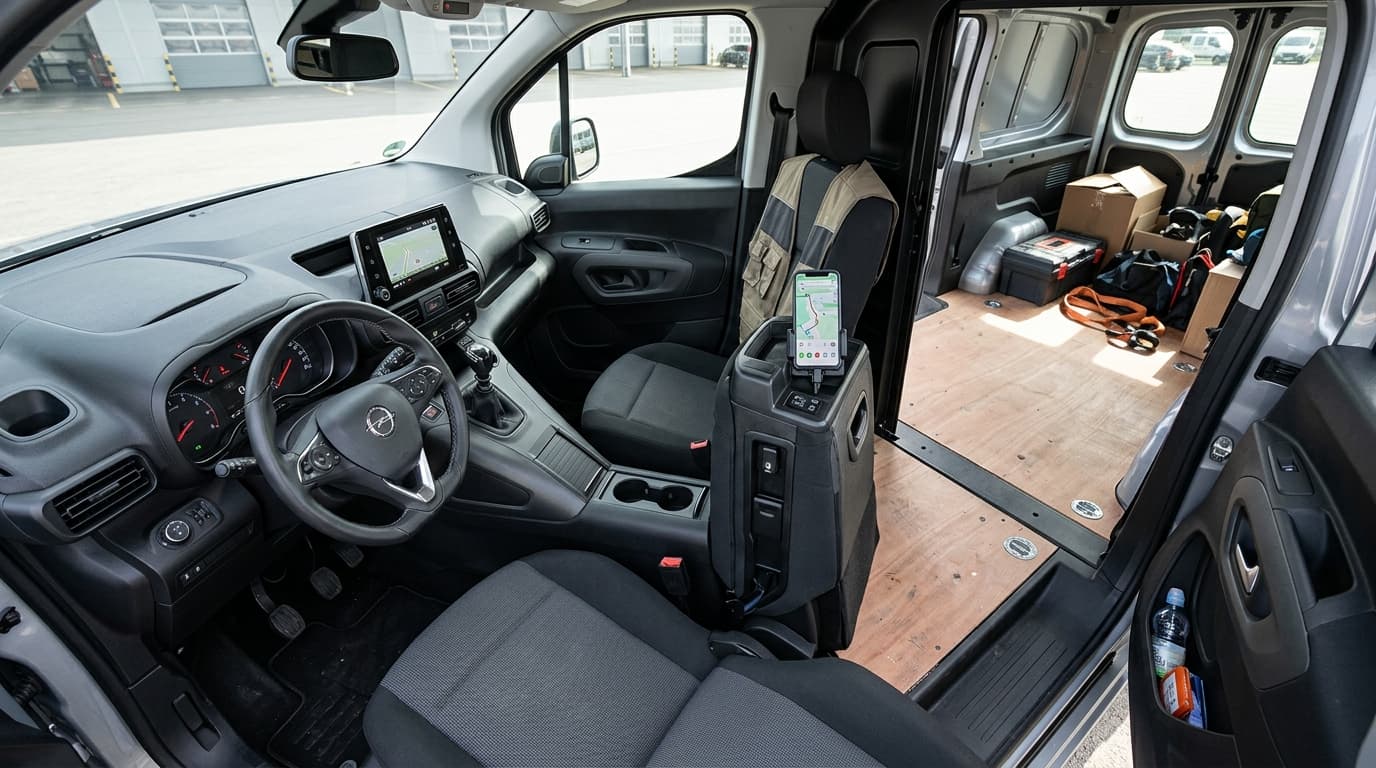 Blick in den Innenraum des Opel Combo Start mit hochgeklapptem FlexiSeat und freigewordenem Stauraum