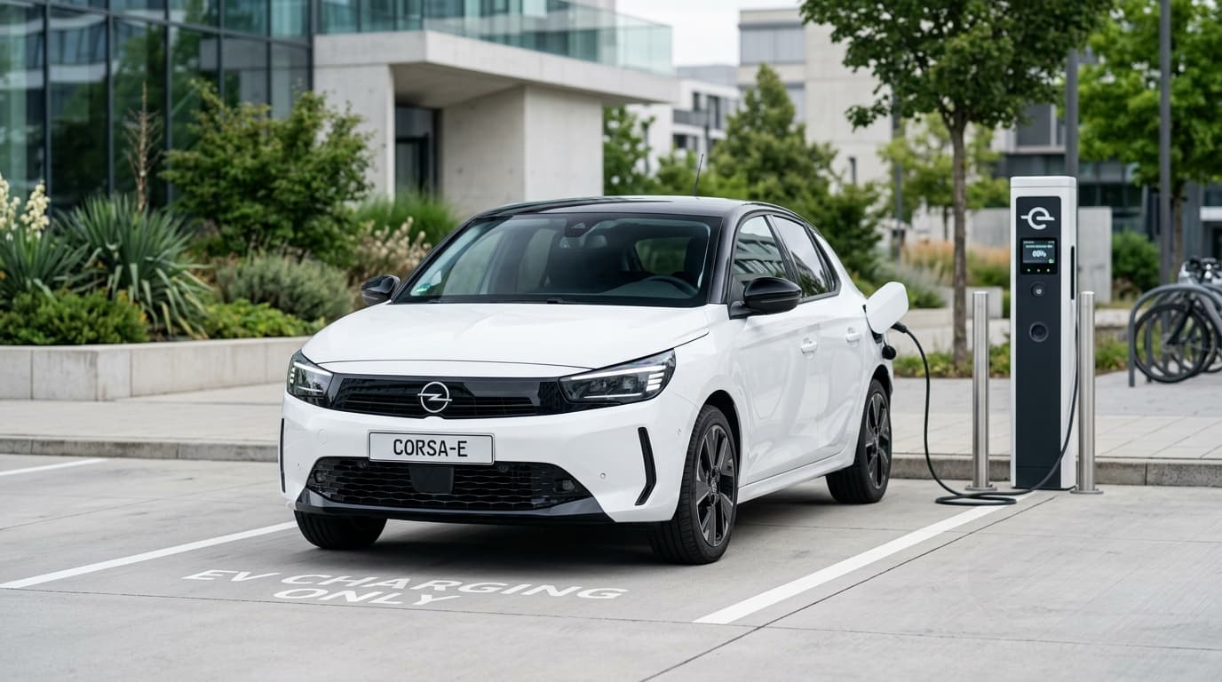 Ein Opel Corsa lädt an einer modernen Ladesäule, frontale Ansicht des Fahrzeugs im Tageslicht
