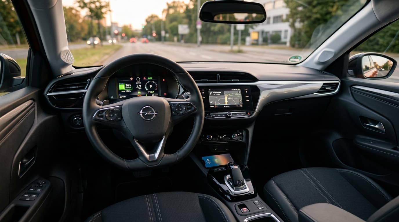 Innenansicht eines Opel Corsa mit modernem digitalen Cockpit und Ladinganzeige