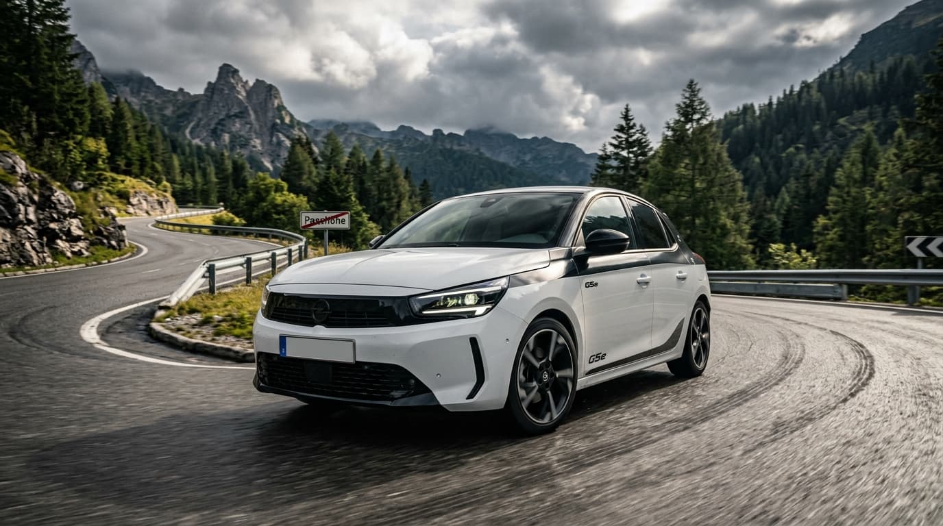Der Opel Corsa GSE steht schräg auf einer kurvigen Landstraße, sportlich wirkend mit tiefer gelegtem Fahrwerk und großen Rädern.
