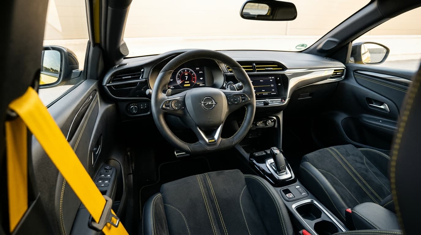 Im Innenraum des Opel Corsa GSE sind die sportlichen Performance-Sitze und gelben Sicherheitsgurte zu sehen.