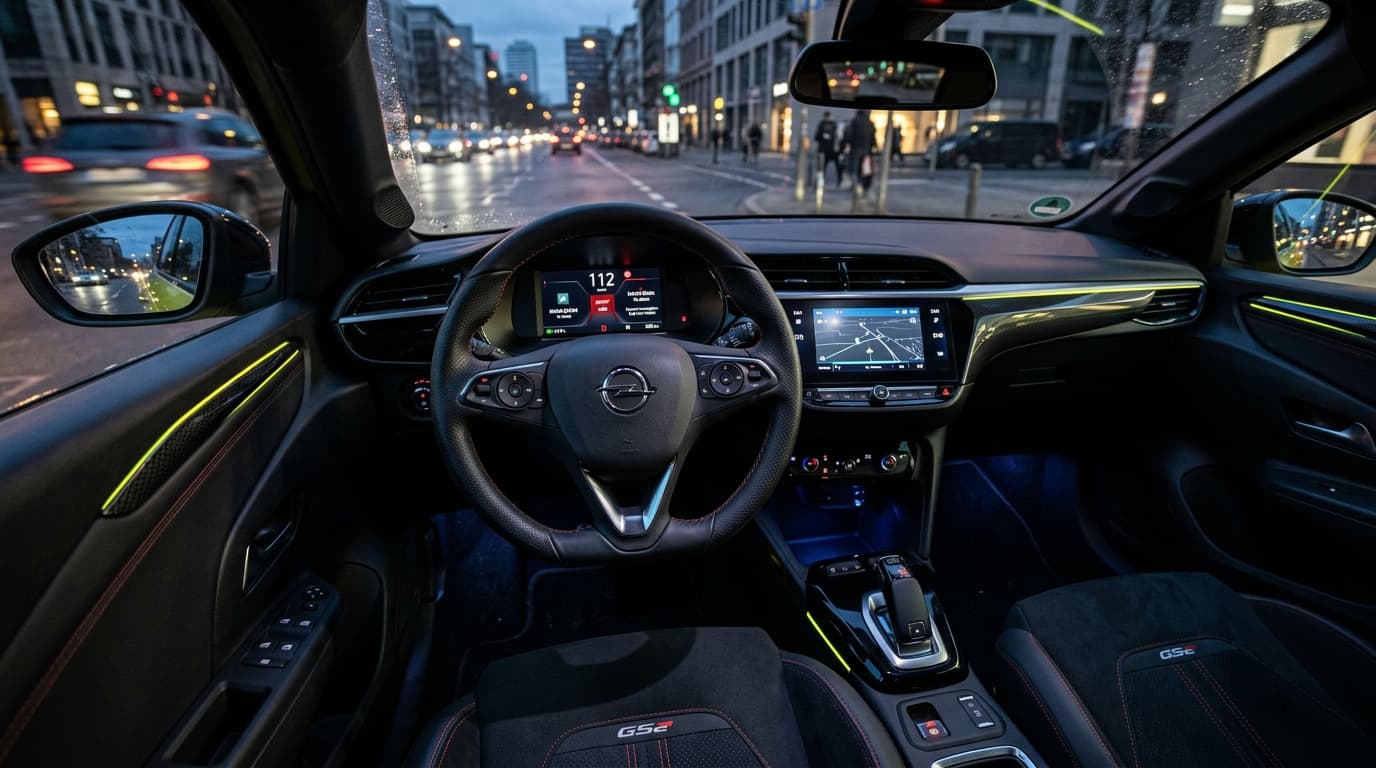 Innenraum des Opel Corsa GSE mit digitalem Cockpit und modernem Lenkrad