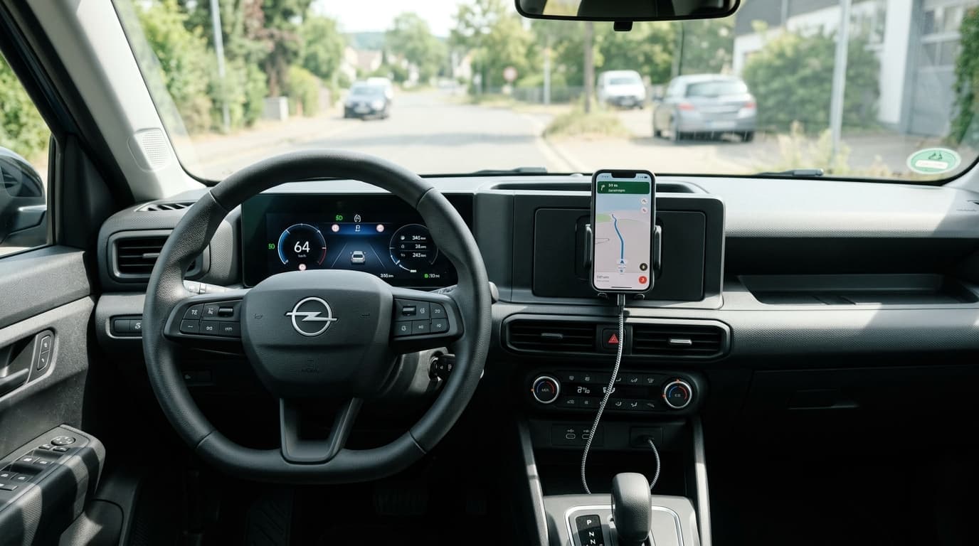 Innenraum des Opel Frontera Start mit Smartphone-Station und digitalem Fahrerinfodisplay