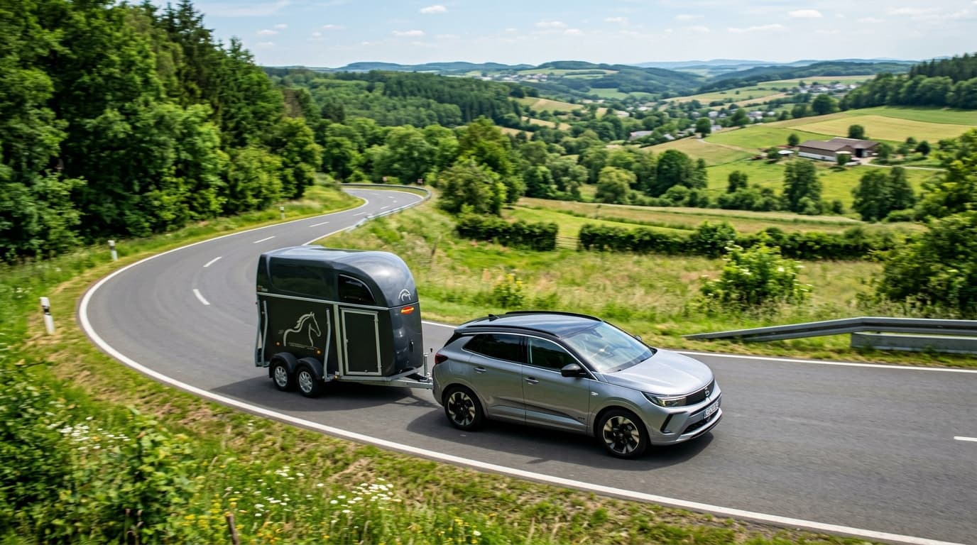 Opel Grandland Electric AWD mit Anhänger auf einer Landstraße fahrend