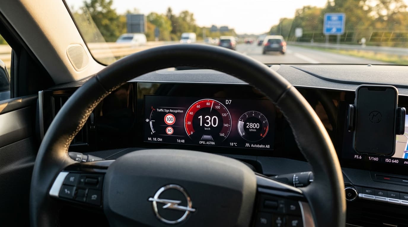 Detailaufnahme eines Kombiinstruments mit Geschwindigkeits- und Tempolimit-Anzeige.