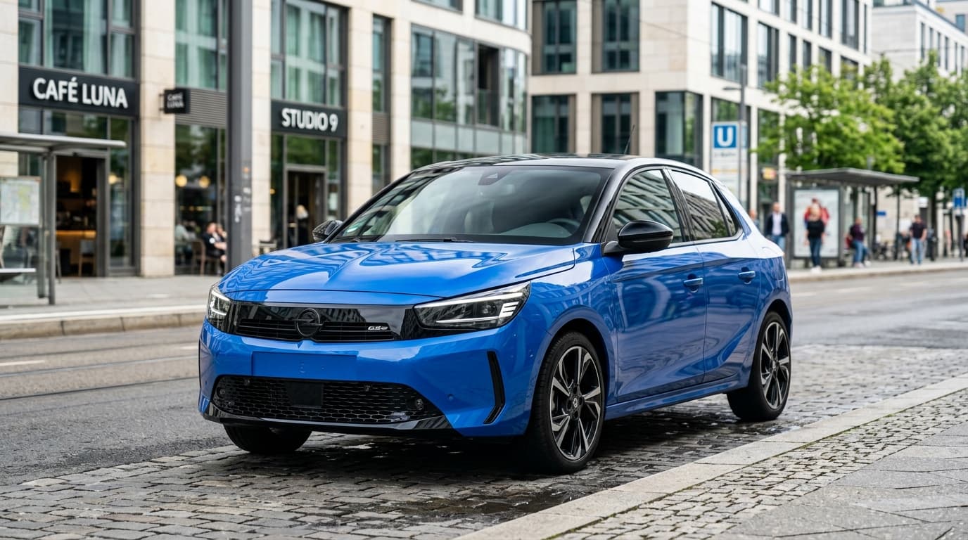 Der Opel Corsa GSe, ein moderner elektrischer Kleinwagen mit sportlichem Design, von vorne fotografiert