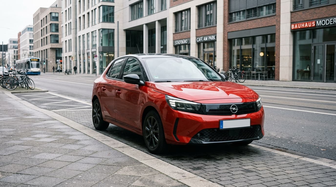 Ein Opel Corsa der aktuellen Generation von vorne-seitlich fotografiert, geparkt auf einer Stadtstraße