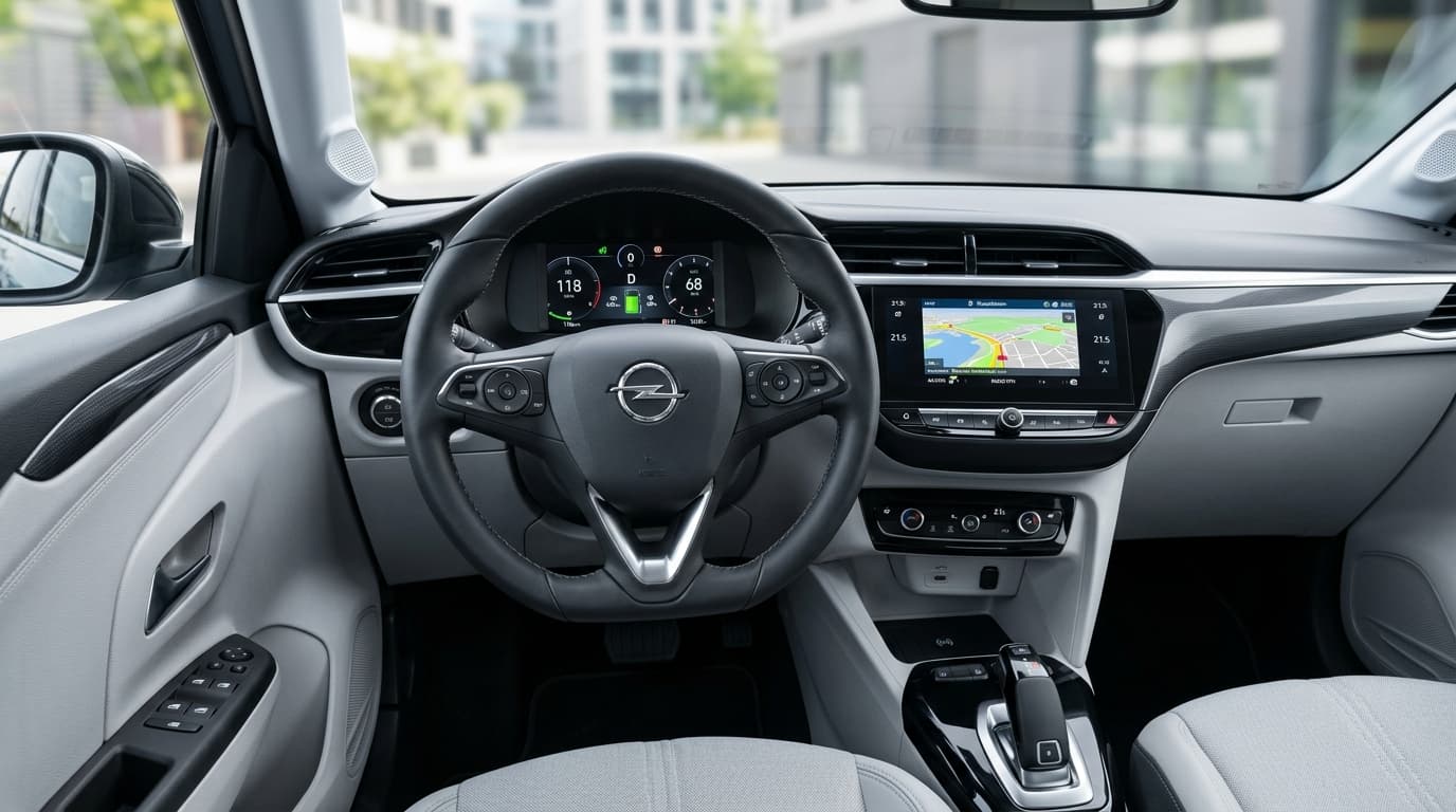 Blick in das Cockpit eines Opel Corsa mit Lenkrad, digitalem Kombiinstrument und Infotainment-System