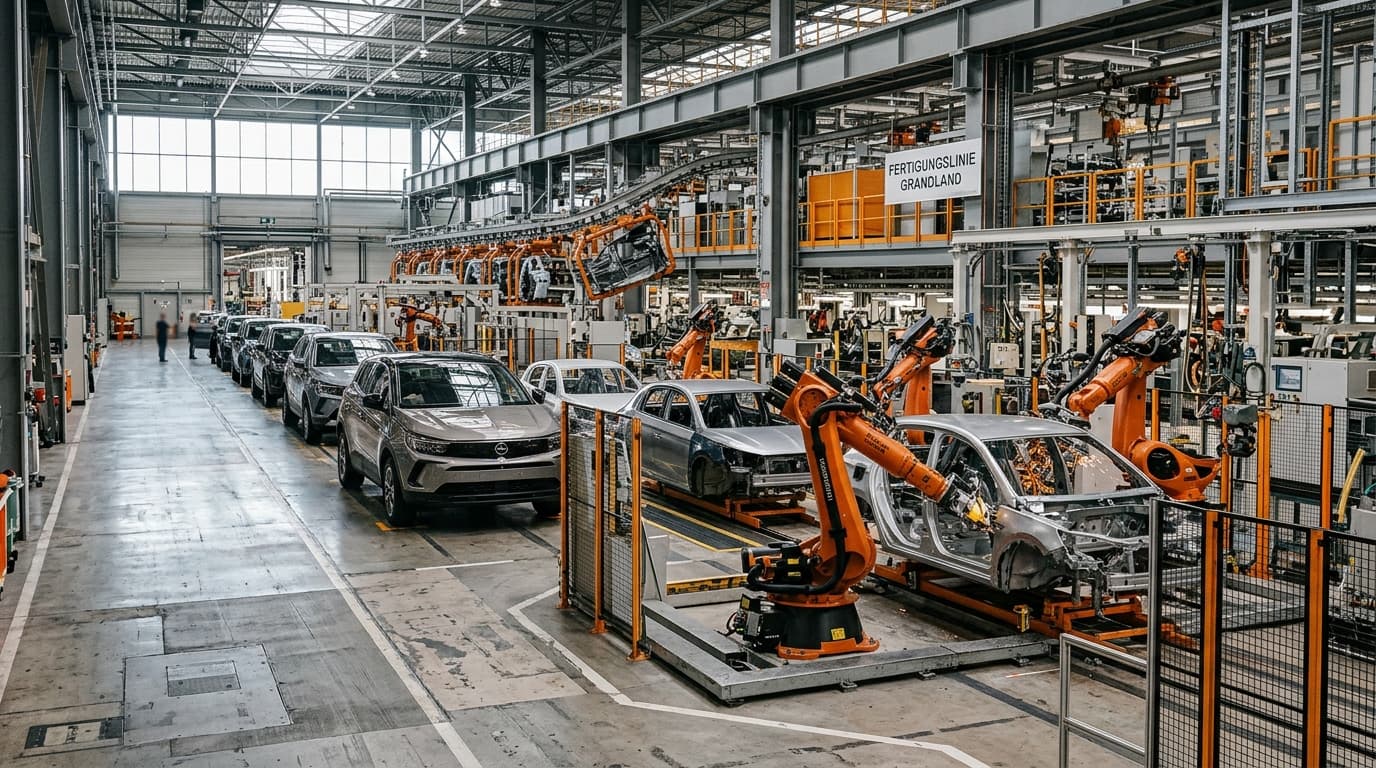 Fertigungshalle des Opel-Werks Eisenach mit Produktionslinie für den Grandland, Roboter und Förderstrecken im Betrieb