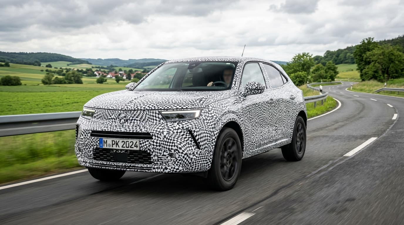 Erlkönig eines kommenden elektrischen Opel SUV mit Allradantrieb in Tarnfolien auf einer Landstraße, Nachfolger des Mokka