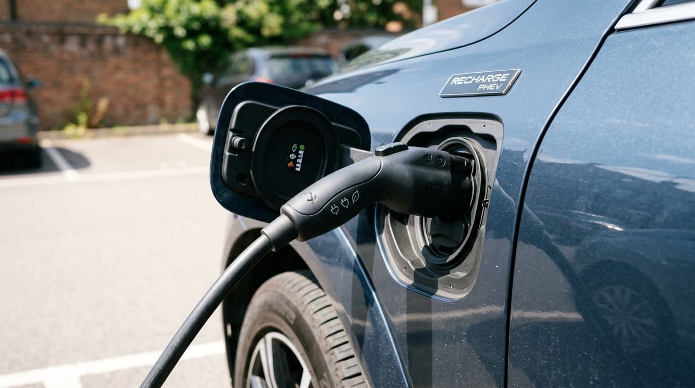 Detailaufnahme eines Ladekabels, das in die Ladebuchse eines Plug-in-Hybrid-SUVs gesteckt wird