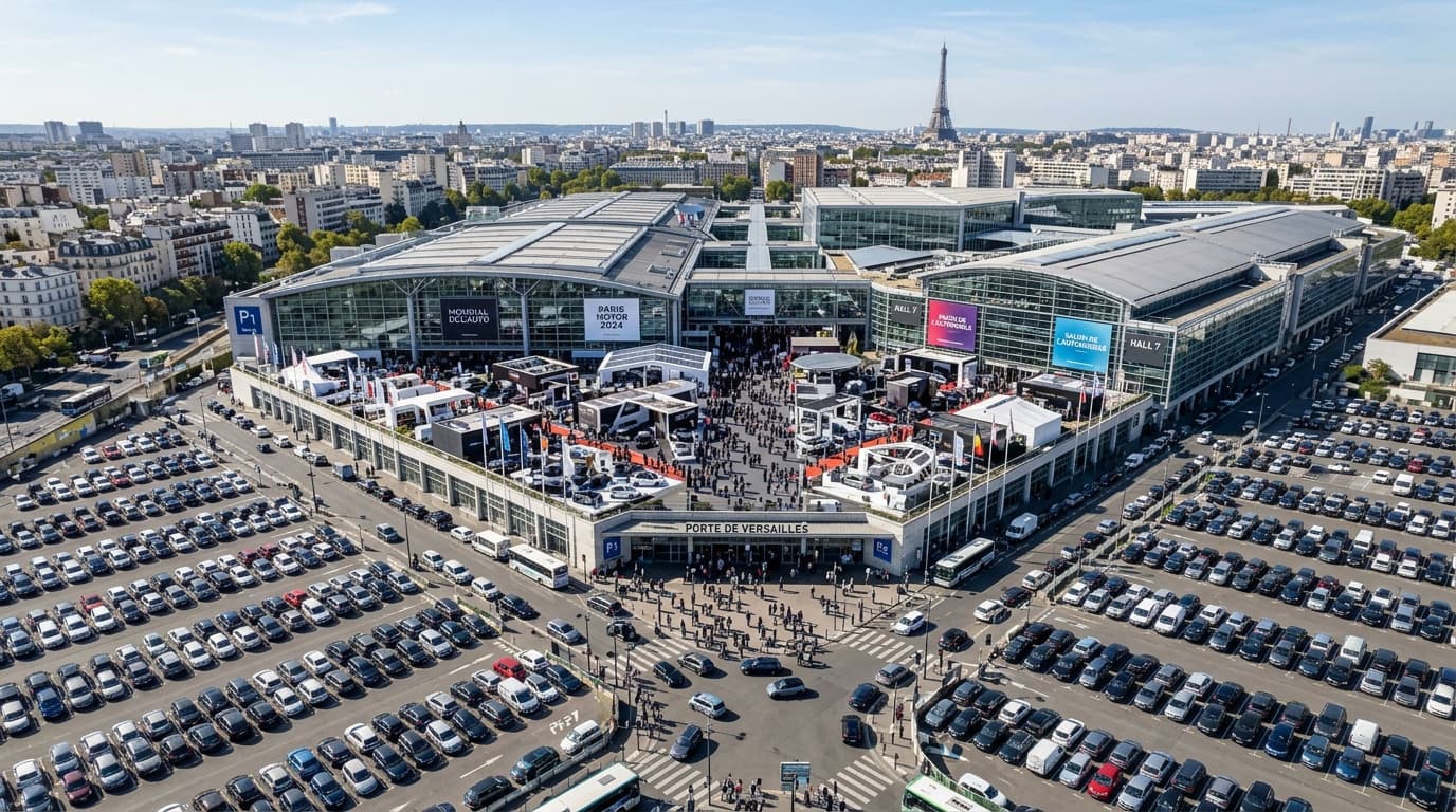 Luftaufnahme des Messegeländes Paris Expo Porte de Versailles mit Ausstellungshallen und parkplatzflächen.