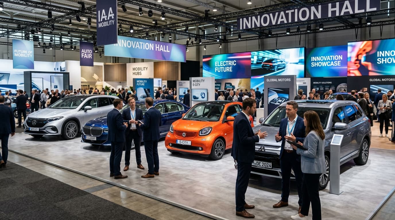 Messestand mit mehreren ausgestellten Fahrzeugen und Besuchern bei Gesprächen.