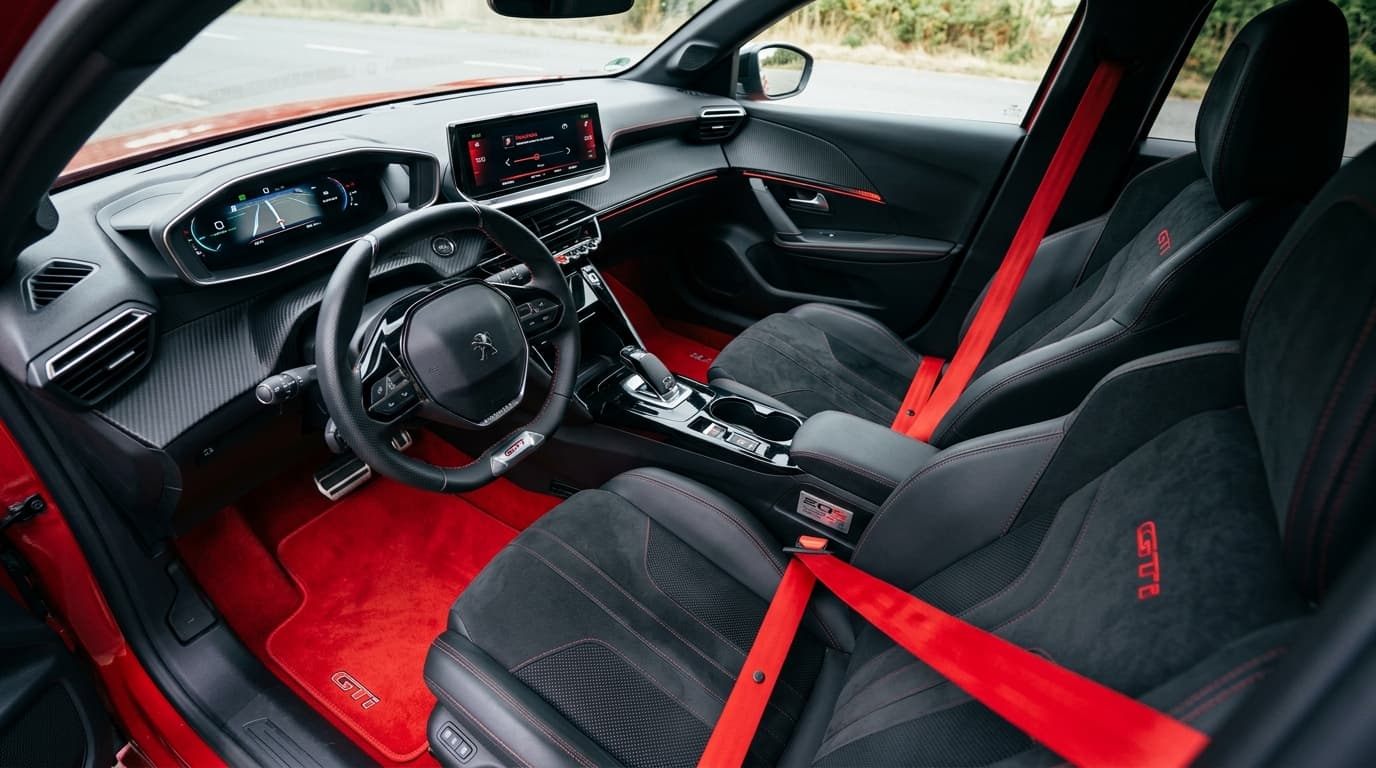 Innenraum des Peugeot e-208 GTi mit roten Sicherheitsgurten und rotem Boden