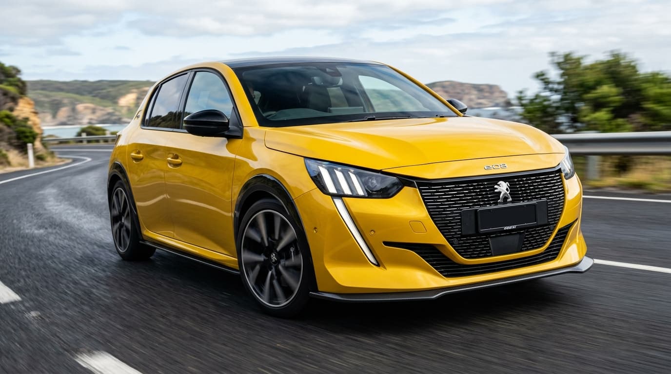 Peugeot e-208 GTi von vorne-seitlich, sportliche Elektro-Kleinwagensilhouette mit tiefergelegtem Fahrwerk