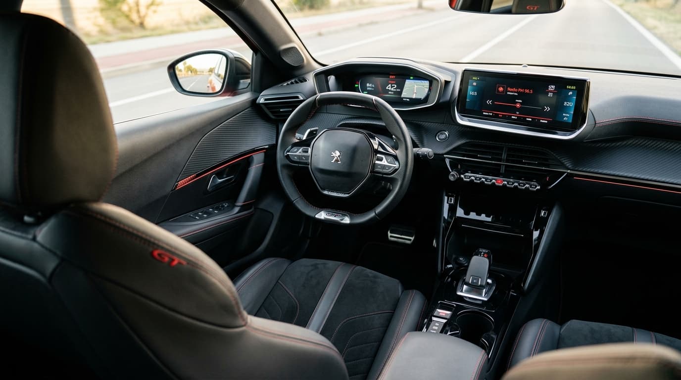 Interieur des Peugeot e-208 GTi mit Sportlenkrad und modernem Cockpit