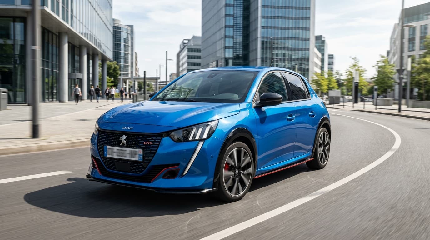 Der Peugeot e-208 GTi in Frontansicht von schräg links auf einer urbanen Straße