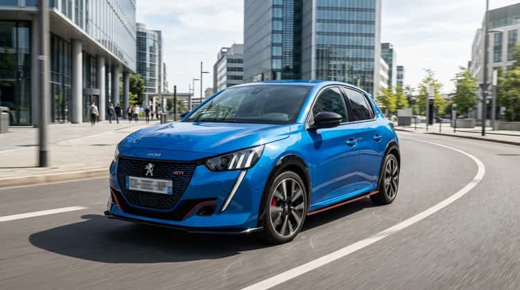 Der Peugeot e-208 GTi in Frontansicht von schräg links auf einer urbanen Straße