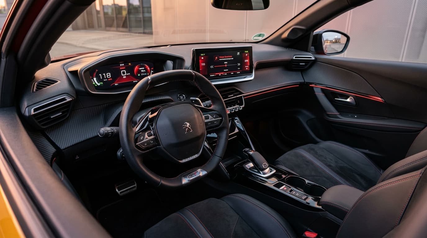 Das Cockpit des Peugeot e-208 GTi mit Lenkrad und digitalen Anzeigen