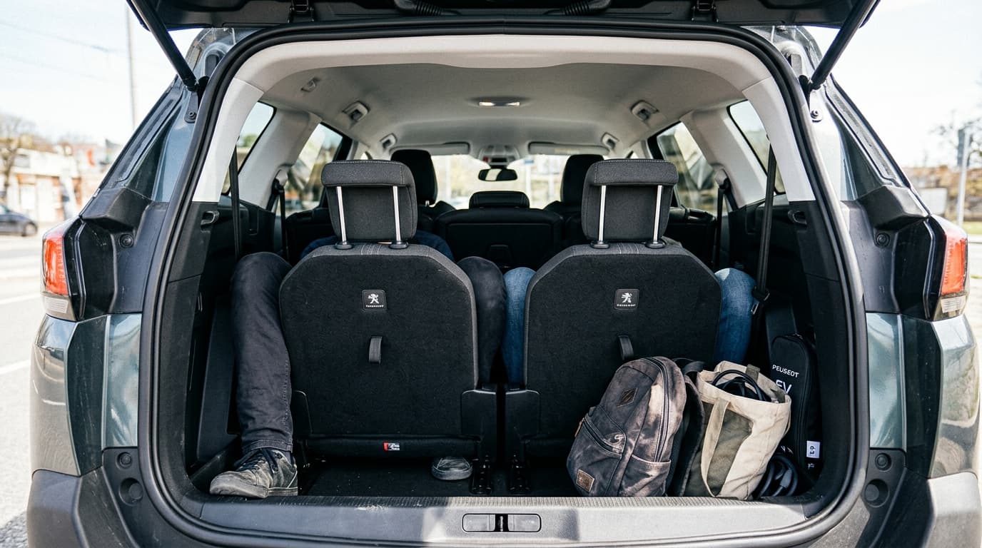 Der Innenraum des Peugeot E-5008 mit aufgestellter dritter Sitzreihe zeigt die begrenzte Ladefläche von 259 Litern