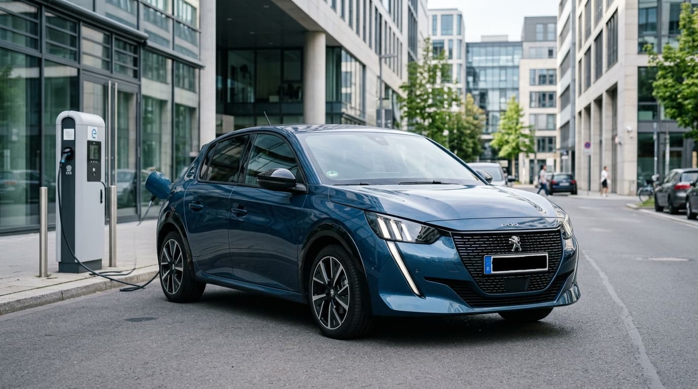 Der aktuelle Peugeot e-208, ein elektrischer Kleinwagen, in Dreiviertelansicht vor moderner Stadtarchitektur und Ladesäule