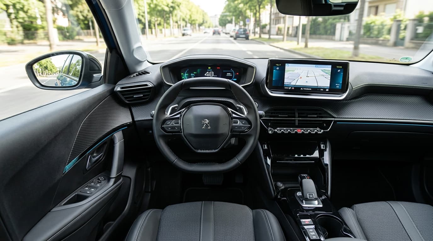 Innenansicht des Peugeot e-208 mit modernem Cockpit und Lenkrad