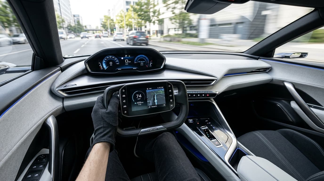 Der Innenraum des Peugeot RCZ Vision mit der innovativen Hypersquare-Steuerung, einem rechteckigen Bedienelement mit integrierten Kontrollen, das das klassische Lenkrad ersetzt. Darüber sind die Instrumente angeordnet.