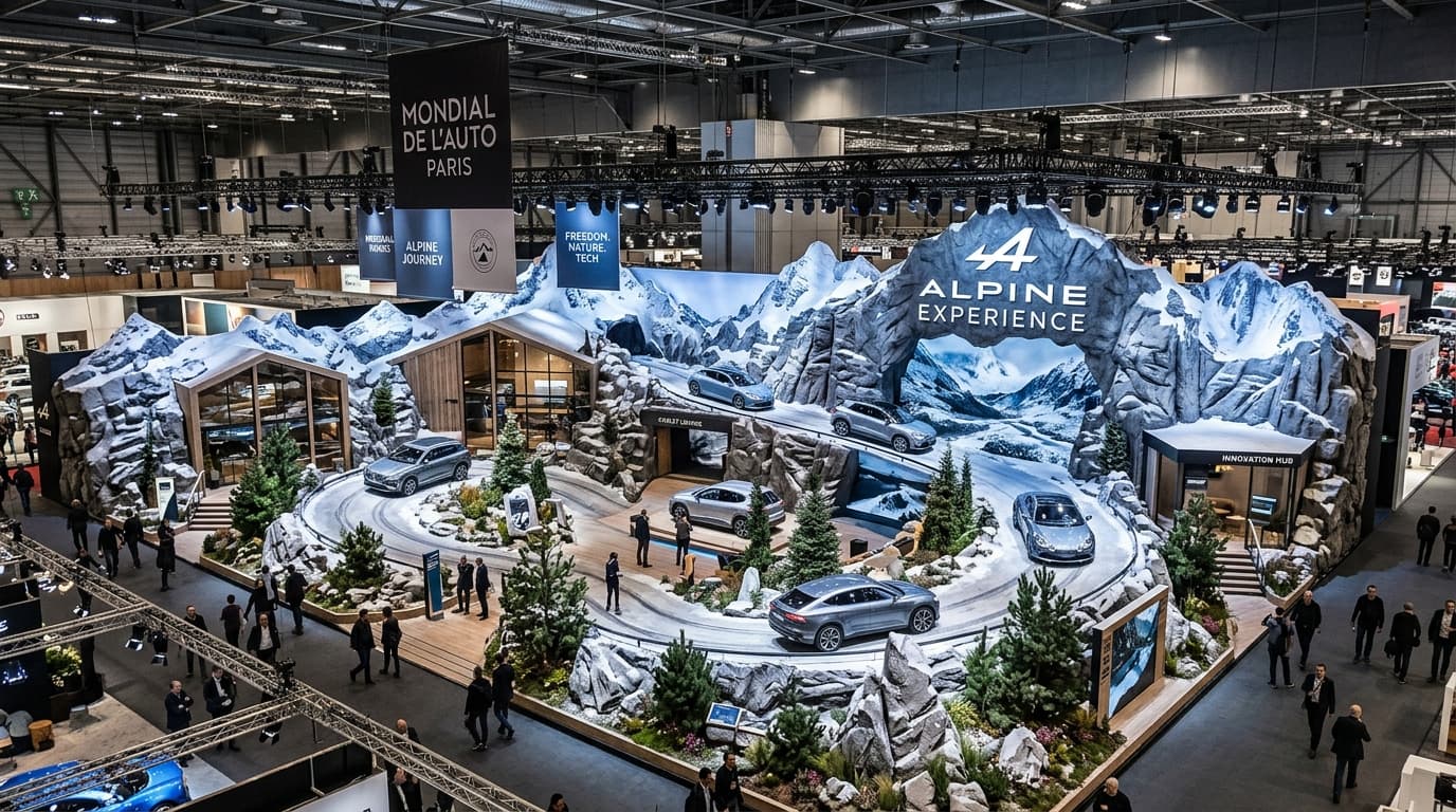 Der alpine Messestand von Peugeot auf dem Pariser Autosalon 2026, inspiriert von französischen Alpen-Landschaften mit Bergsilhouetten und Felsmotiven.