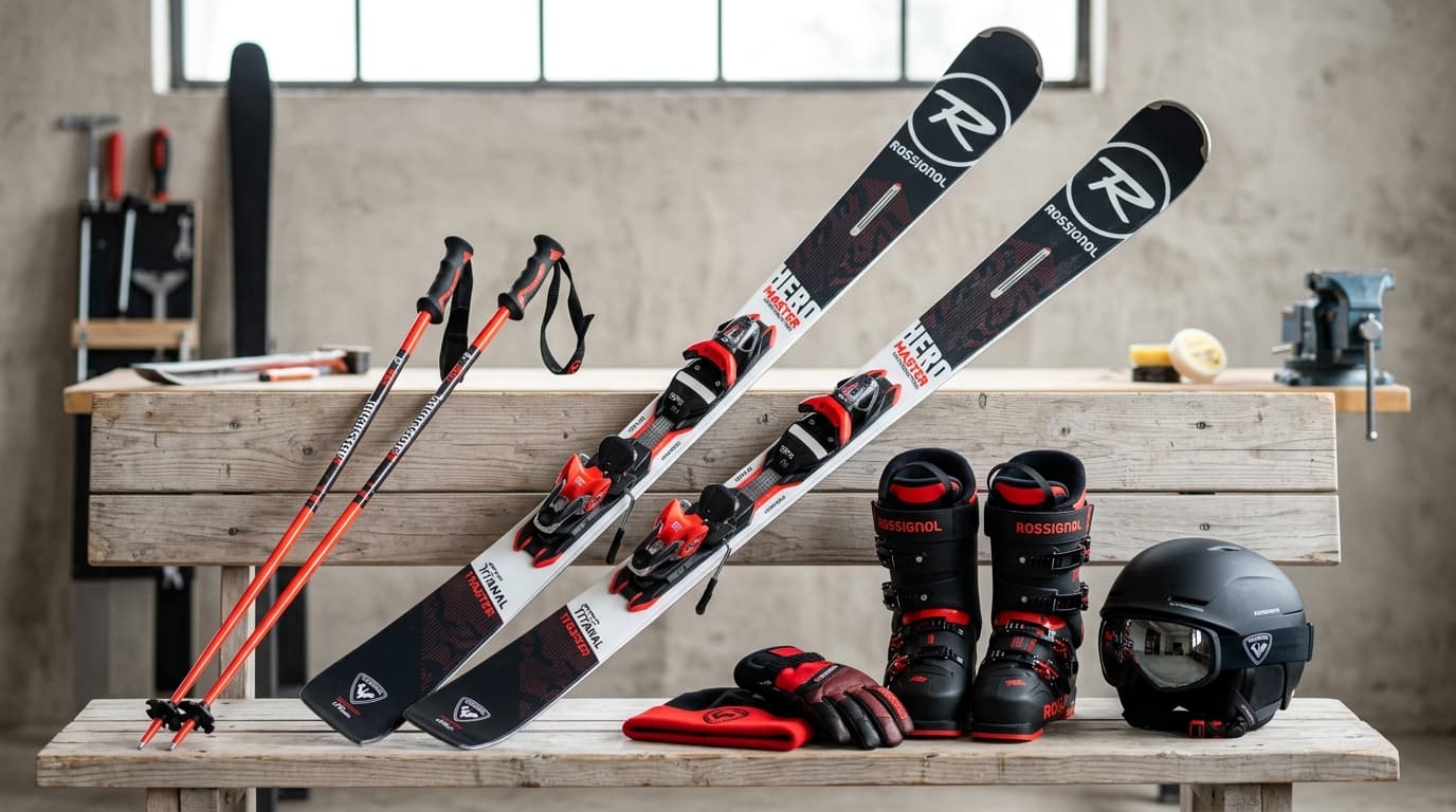 Skier und Wintersportausrüstung von Rossignol, dem französischen Wintersportausrüster.
