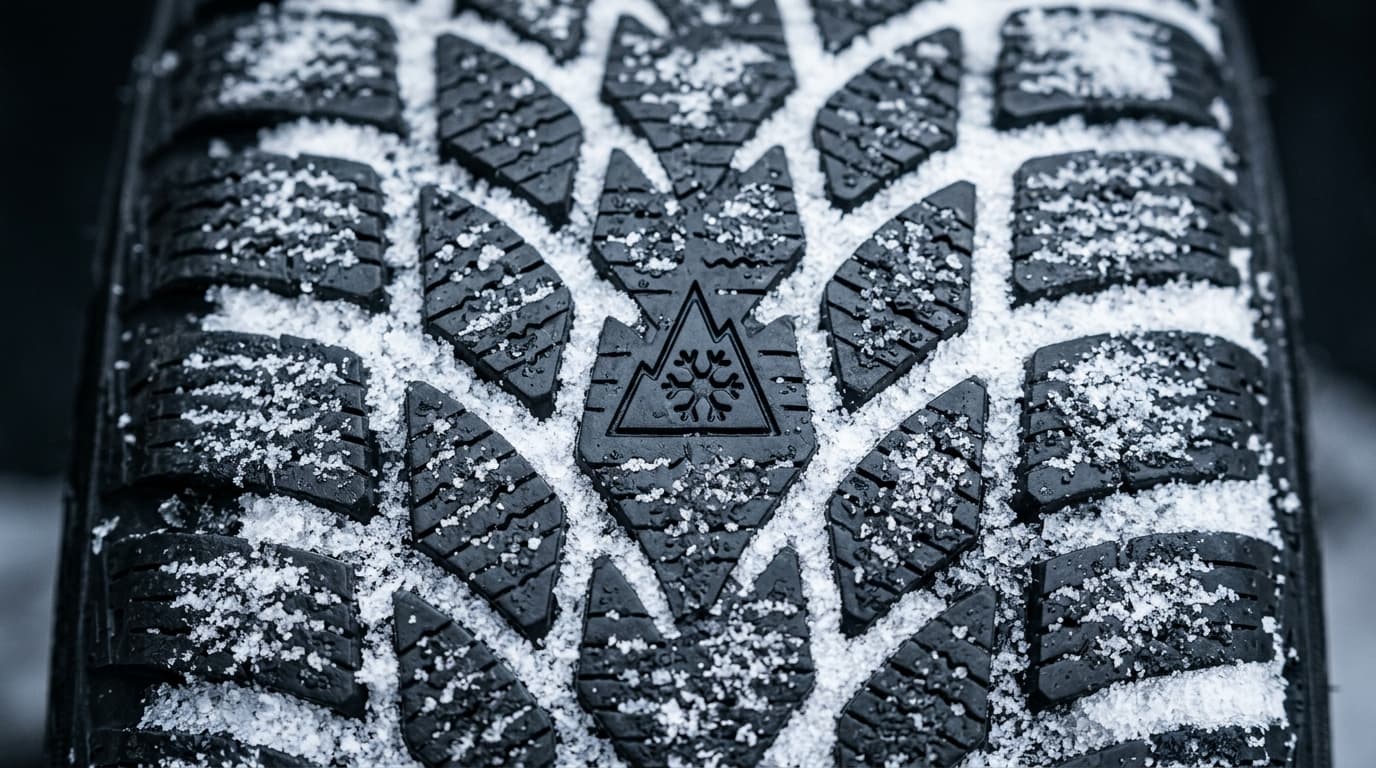 Nahaufnahme eines Winterreifens mit sichtbarem Profil, Schneeflockensymbol und eingefrorenen Schneekristallen in den Lamellen