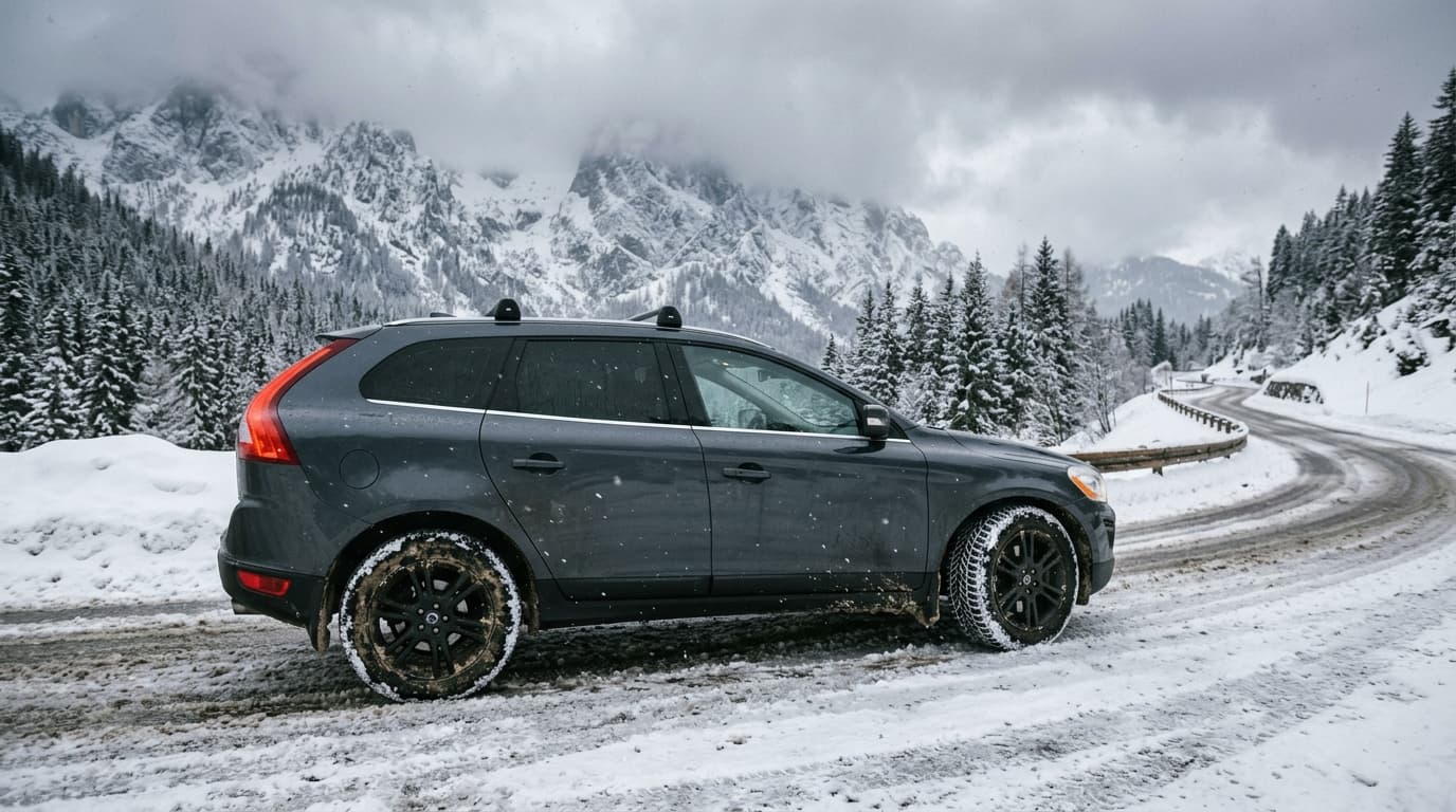 Seitliche Ansicht eines SUVs auf verschneiter Bergstraße mit Winterreifen, schneebedeckte Landschaft im Hintergrund