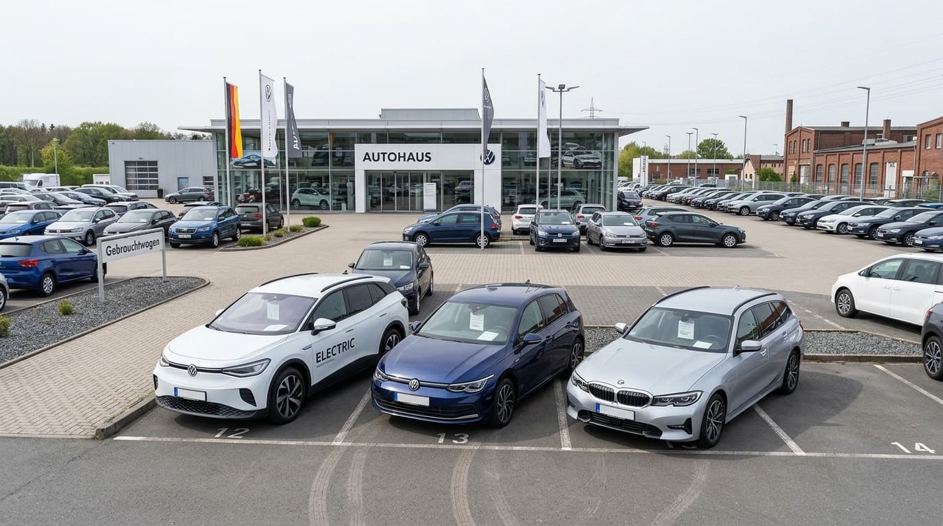 Mehrere Neufahrzeuge unterschiedlicher Antriebstypen parken nebeneinander auf einem Autoverkaufsplatz. Von links nach rechts: ein Elektroauto, ein konventioneller Benziner, ein Plug-in-Hybrid. Im Hintergrund ein modernes Verkaufsgebäude. Die Aufnahme zeigt den Wandel der Marktanteile zwischen verschiedenen Antriebsarten.