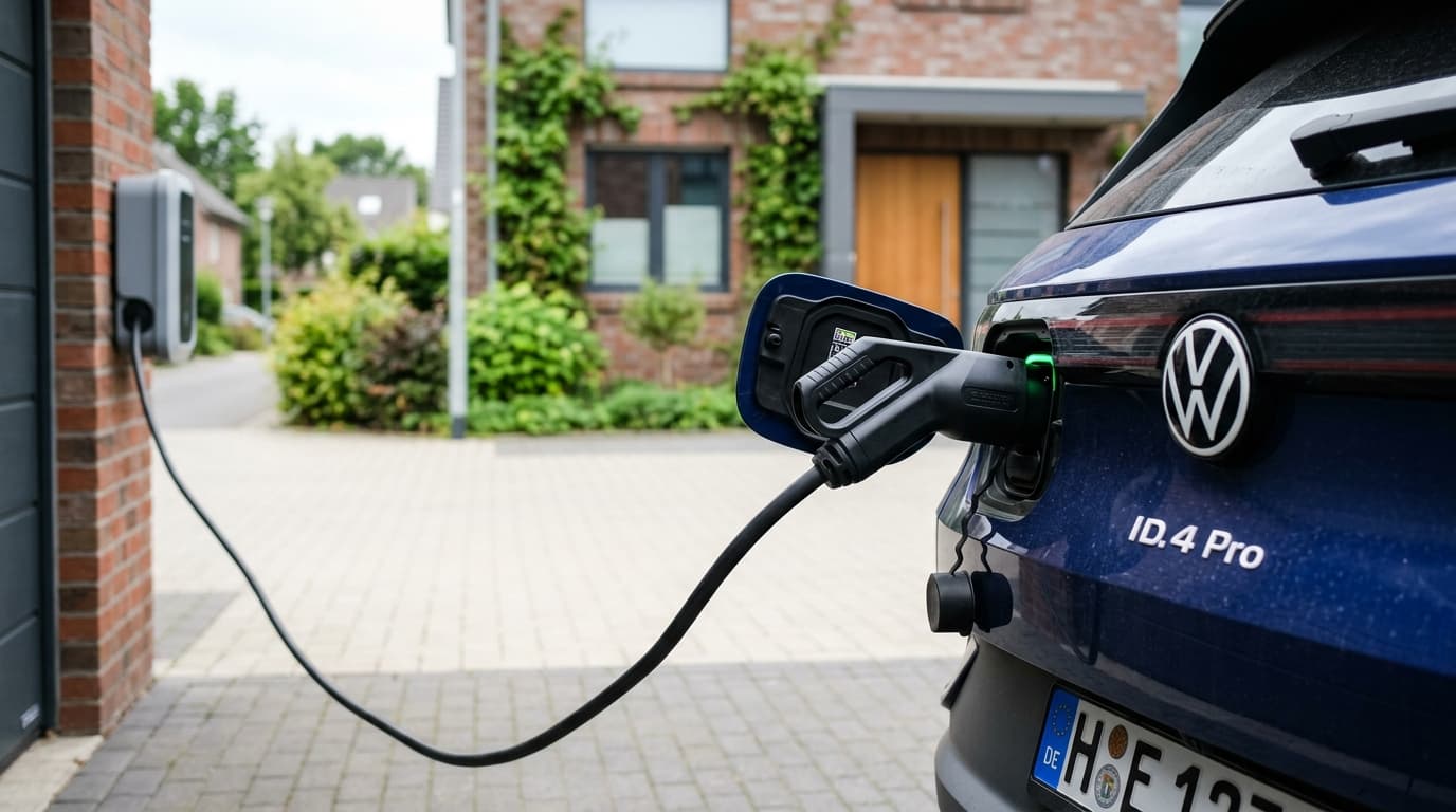 Nahaufnahme eines Ladesteckers an einem Elektroauto. Im Hintergrund eine Wohnstraße mit Privathaushalt. Das Bild illustriert den Wechsel von Flottenfahrzeugen zu privaten Elektroauto-Käufern.