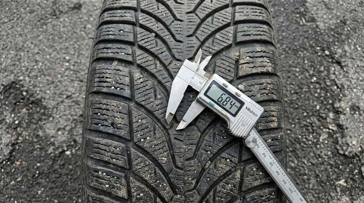 Nahaufnahme eines Winterreifenprofils mit einem Messinstrument, das die Profiltiefe misst, auf grauem Asphalt.