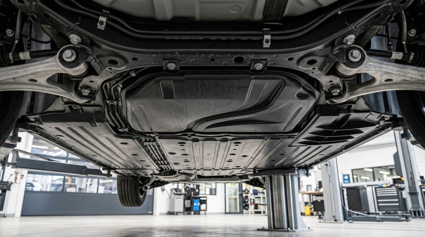 Detailaufnahme der neuen Unterbodenverkleidung des Renault 4 E-Tech elektrisch