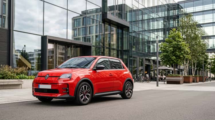 Renault 5 E-Tech Electric in Flammenrot, Dreiviertelsansicht, geparkt in urbaner Umgebung