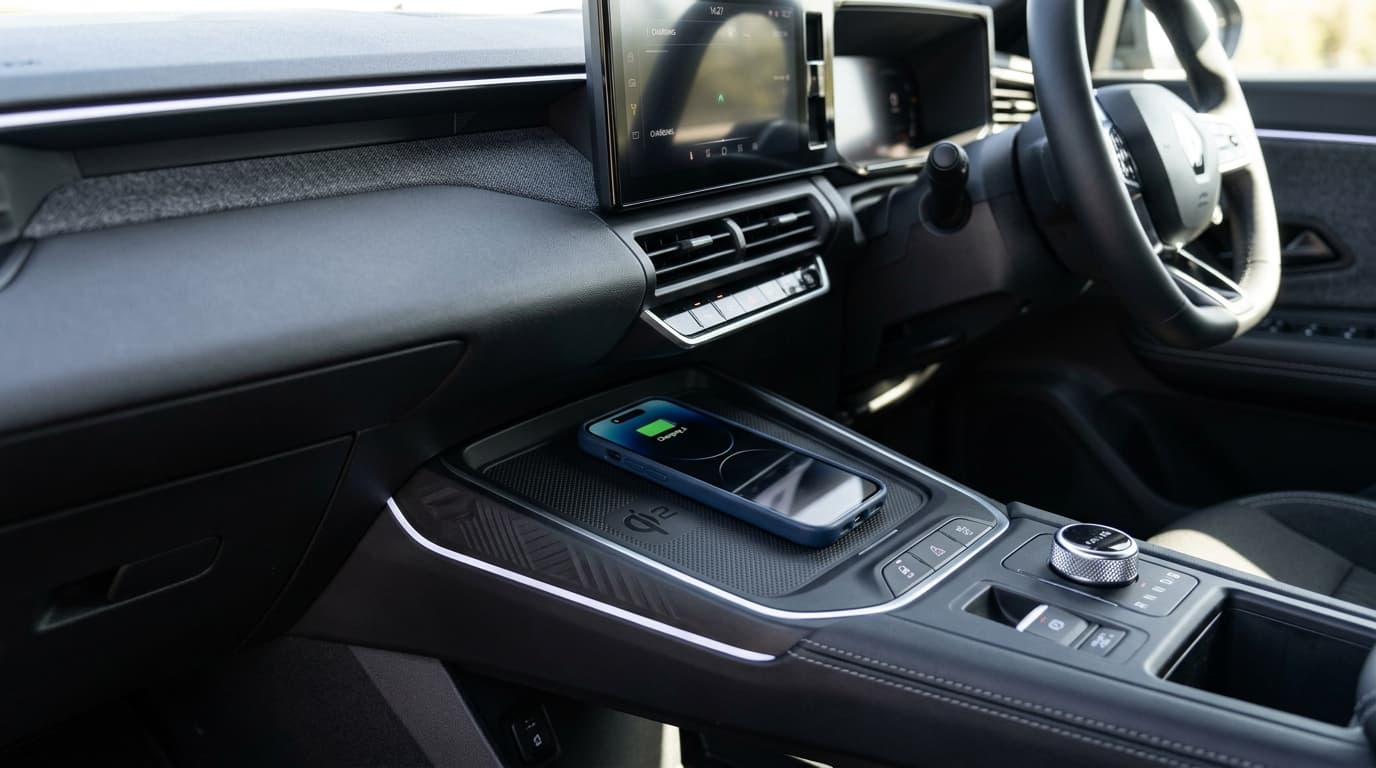 Gekühltes Qi2-Ladepad im Innenraum des Renault 5 E-Tech Electric mit aufgelegtem Smartphone