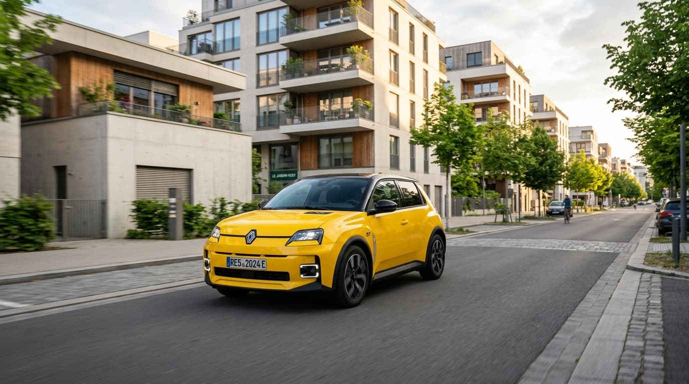 Renault 5 E-Tech in Dreiviertelansicht vor urbaner Wohnkulisse
