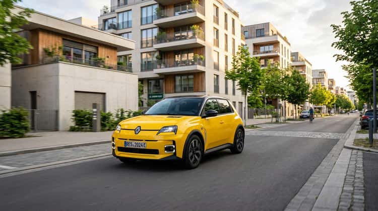 Renault 5 E-Tech in Dreiviertelansicht vor urbaner Wohnkulisse
