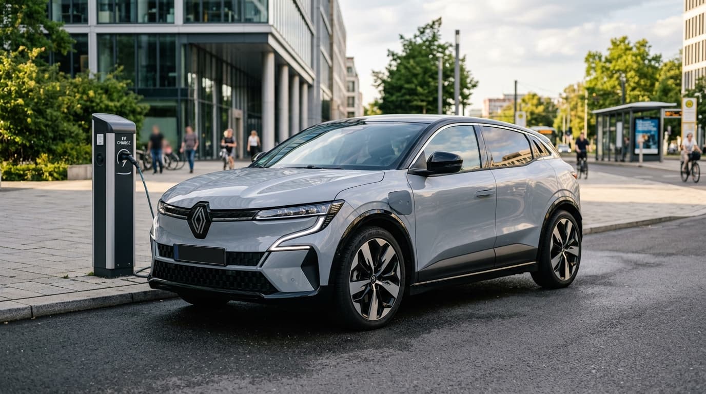 Renault Megane E-Tech Electric steht auf einer urbanen Straße neben einer modernen Ladesäule