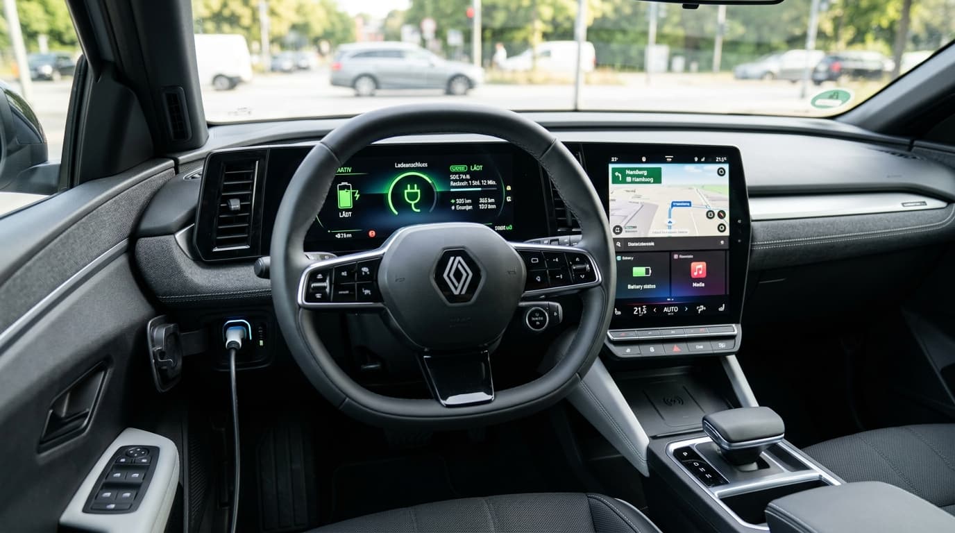 Blick ins Cockpit eines Renault Megane E-Tech Electric mit digitalen Anzeigen für Ladestand und Reichweite